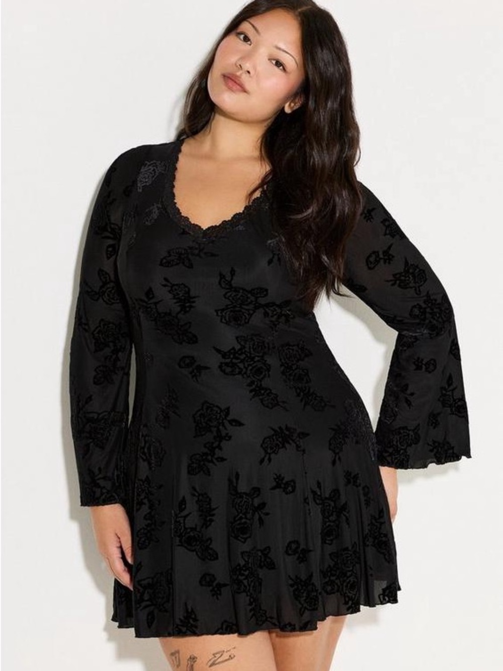 Torrid LoveSick Bell-Sleeve Burnout Mini Dress